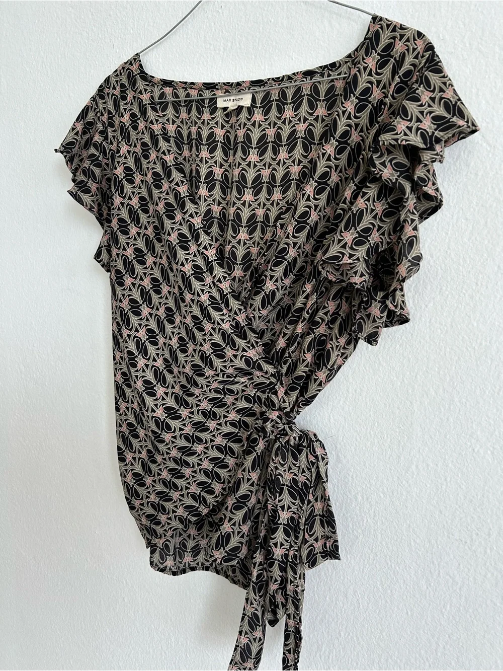 Madewell Black Wrap Blouse with Pink Geometric Motif